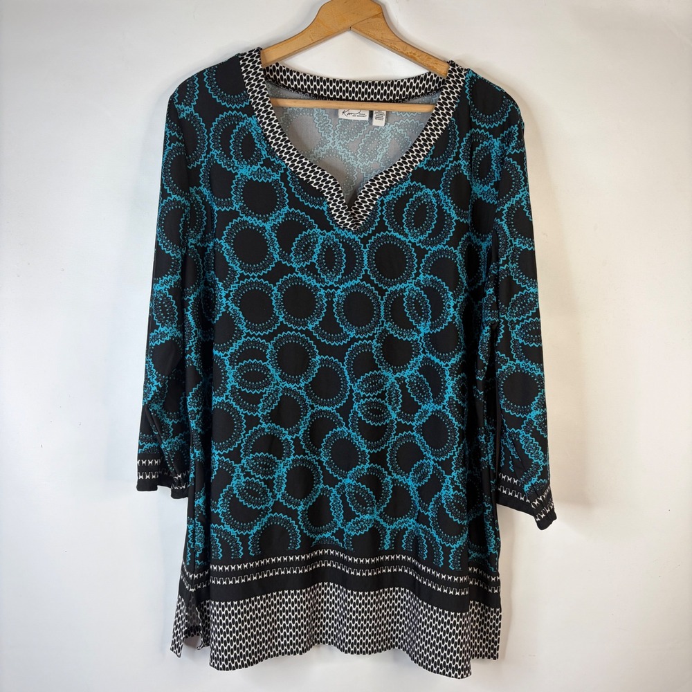 Kim Rogers Tunic Top Women 3X Teal Black Medallion Print 3/4 Sleeve V-Neck